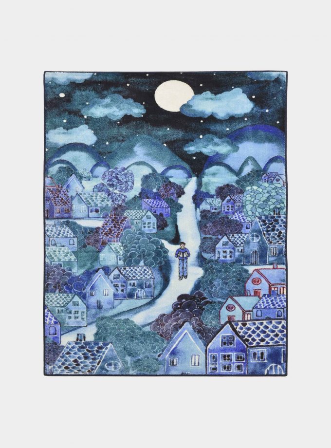 Blue "Notturno" fabric rug with printed designs loopo milano design F